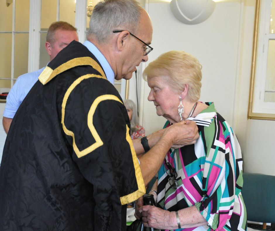 Pictured Cllr Tony Eaton, Chair of the Council and Joan Sanger MBE