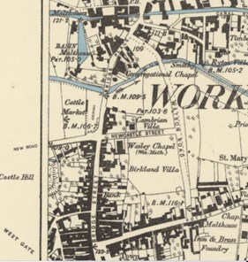 map of Worksop Town Centre in 1886