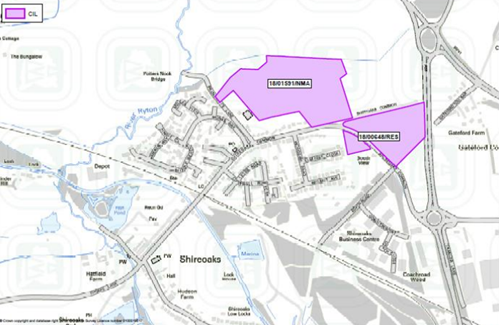 Map of Shireoaks showing developments where CIL monies have been collected from since adoption