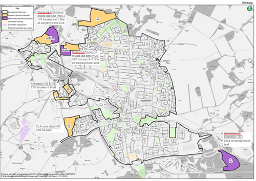 A map displaying the proposed allocations of Employment and Housing for Worksop