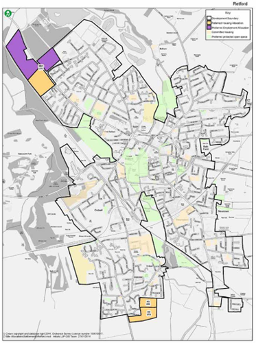 A map displaying the proposed allocations of Employment and Housing for Retford