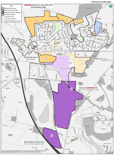 A map displaying the proposed allocations of Employment and Housing for Harworth and Bircotes