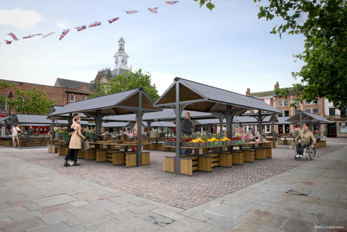 Retford Town Hall exterior with Market Stalls