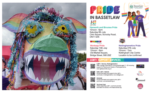 Dotty the Drag-On and a poster promoting Bassetlaw Pride.