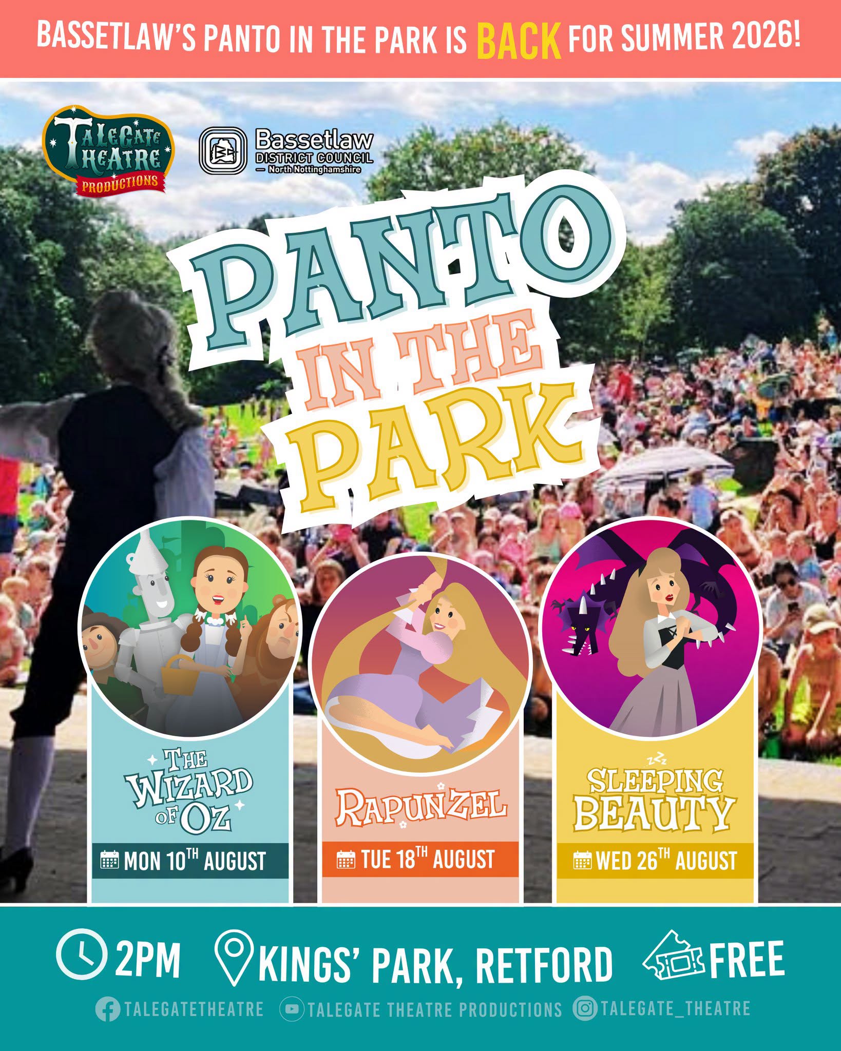 Promotional graphic / poster for Bassetlaw Panto in the Park 2026. 