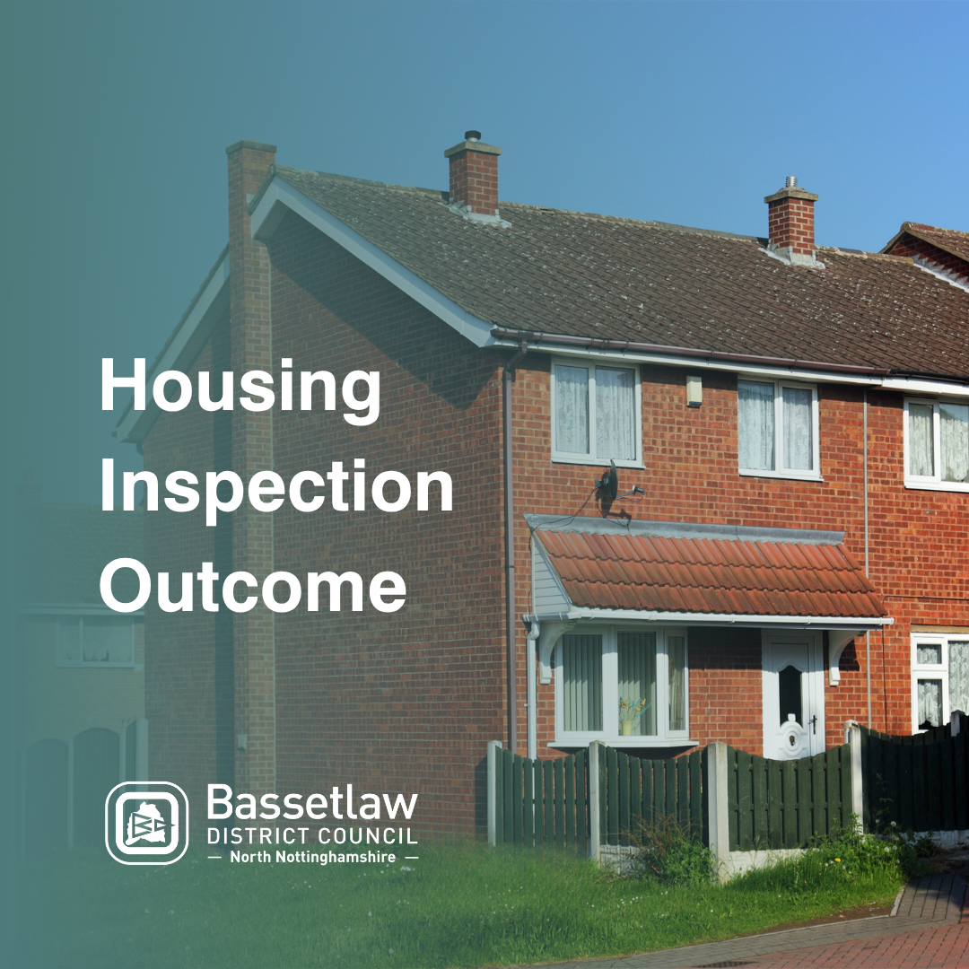 House with a gradient laid over the top. Text reads: "Housing Inspection Outcome" above Bassetlaw District Council's logo.