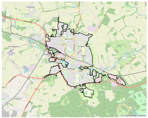 Map of agreed geographic boundary for Worksop Together Grant Funding – events must be held within this boundary to qualify for grant funding.