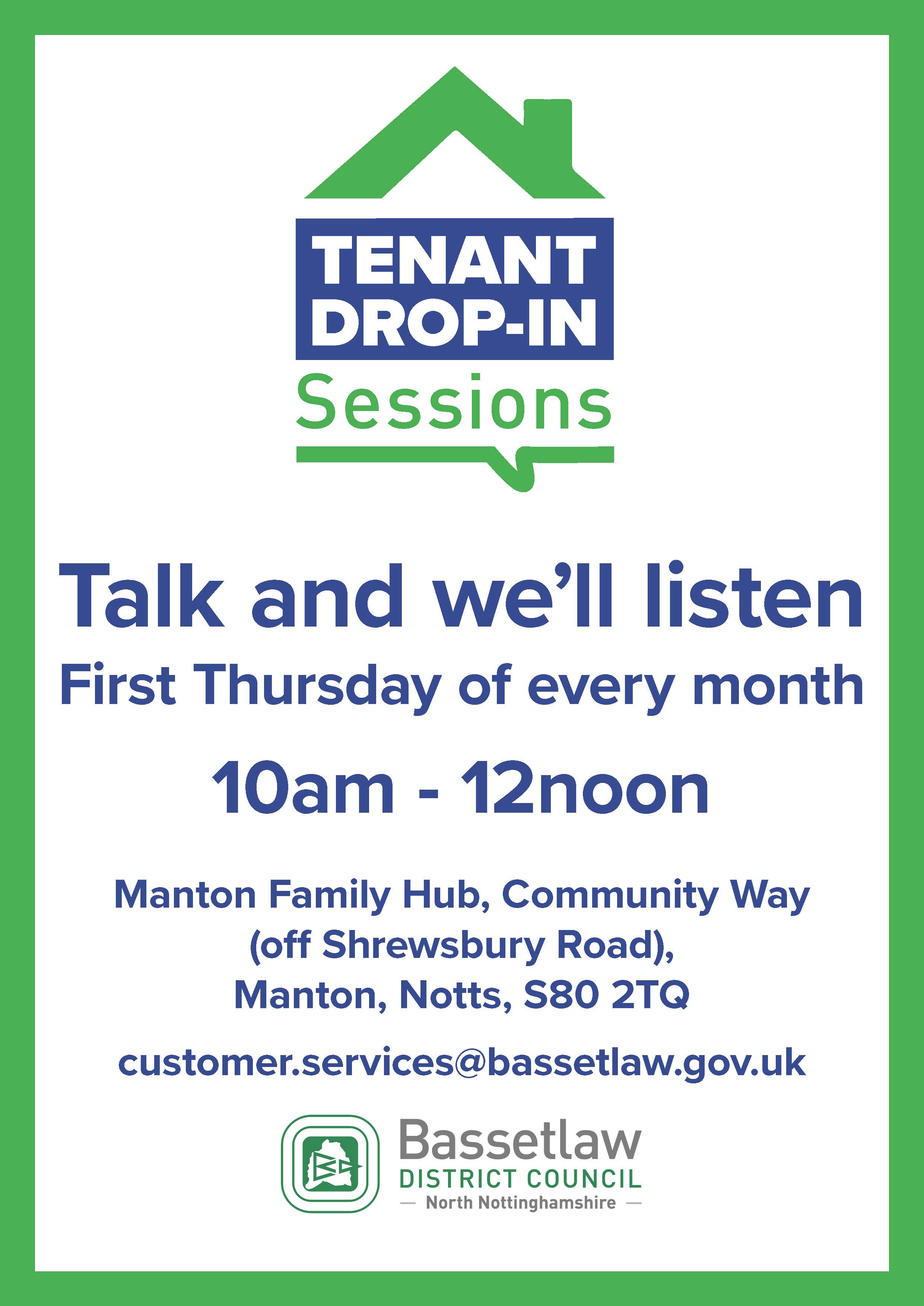 Poster promoting the drop-in sessions for tenants in the Manton area.