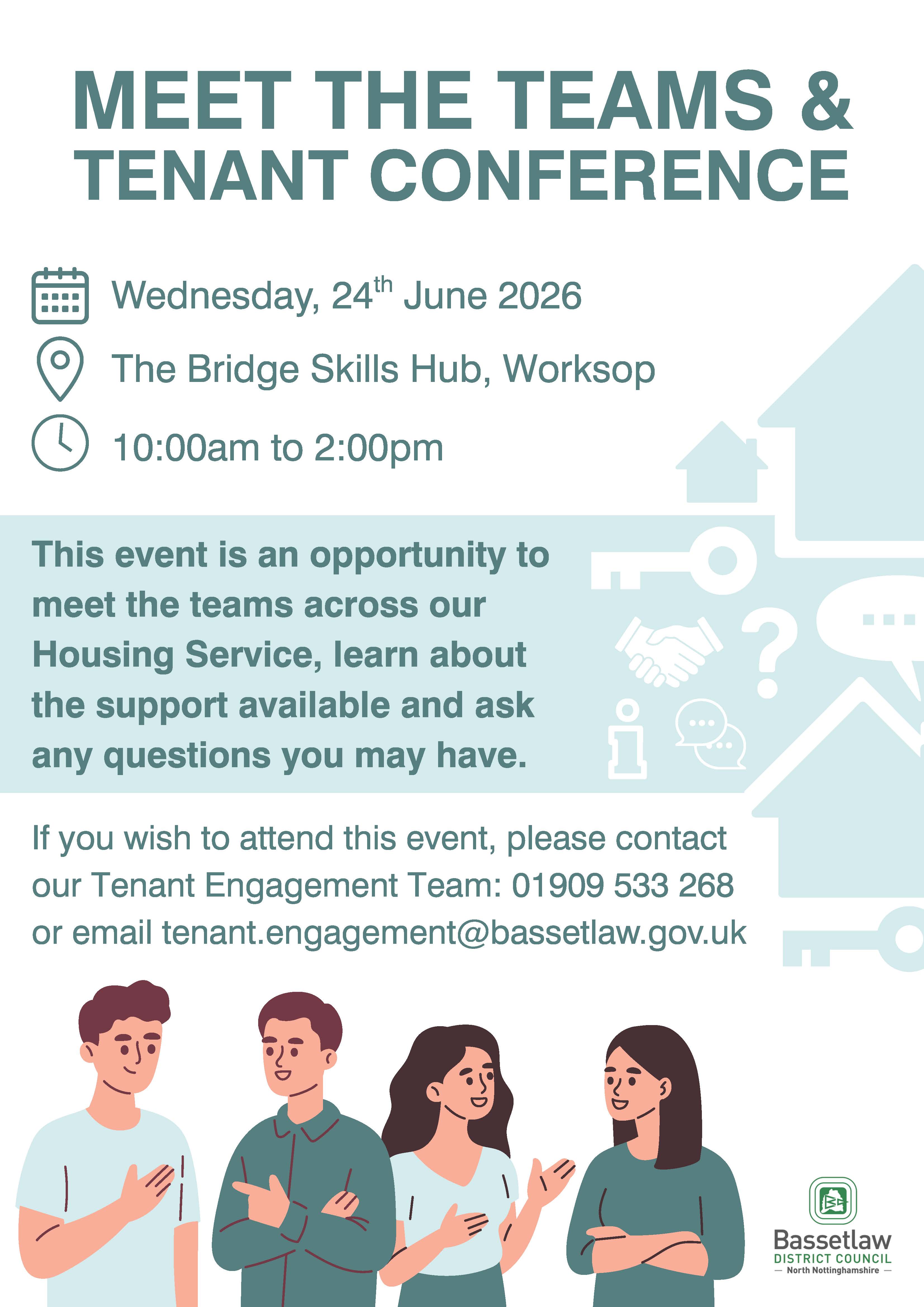 Poster promoting the Tenant Conference and Meet the Teams event including illustrations of people in conversation and icons.