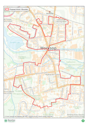 Map showing the proposed Article 4 boundary for Worksop.