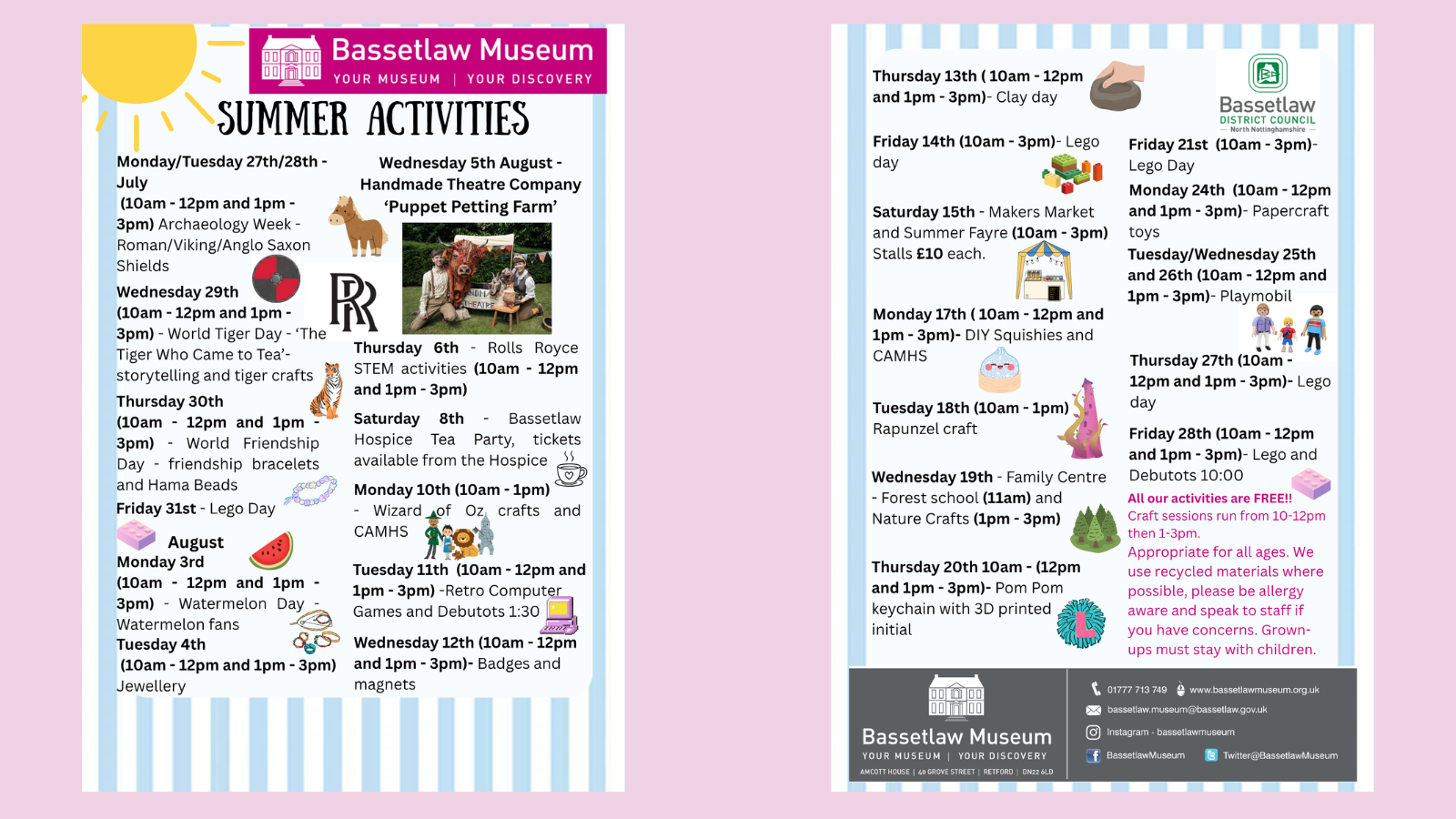 Double-sided poster promoting the full range of summer activities at Bassetlaw Museum in 2026. 