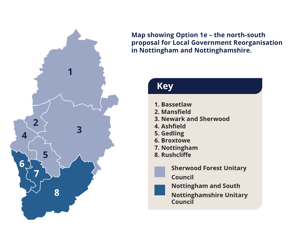 Map showing option 1e - the north-south proposal for Local Government Reorganisation in Nottingham and Nottinghamshire.