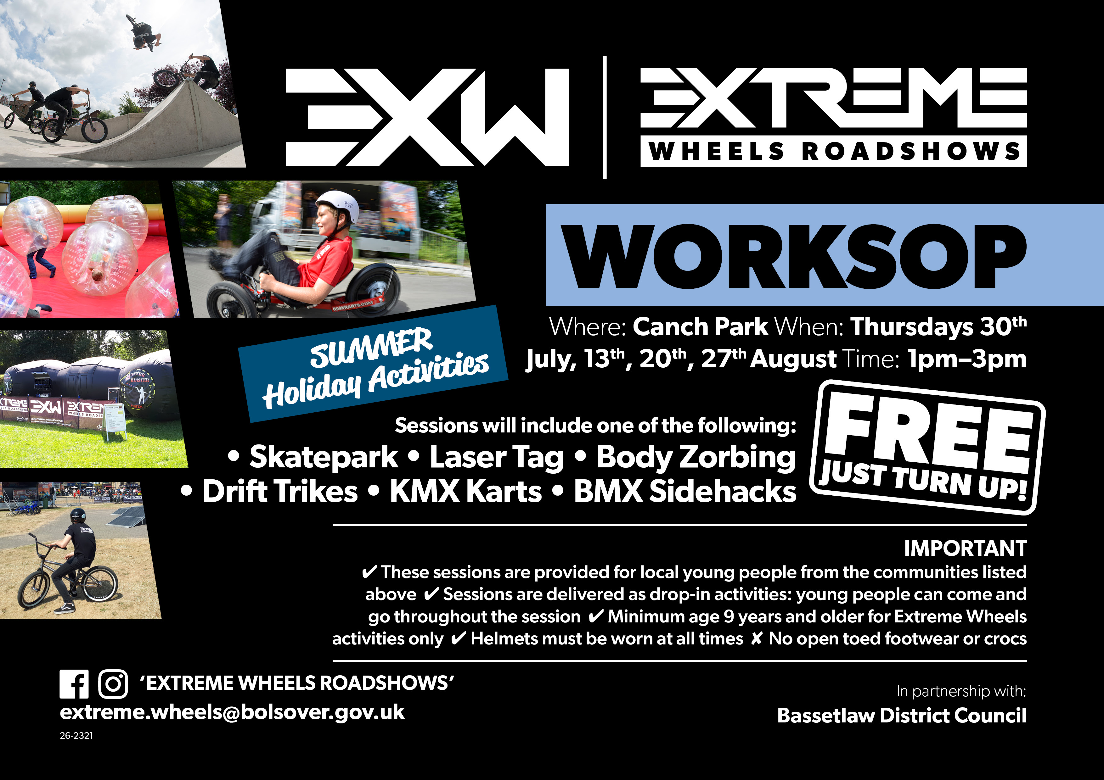 Promotional graphic for Extreme Wheels events, showing children taking part in activities. 