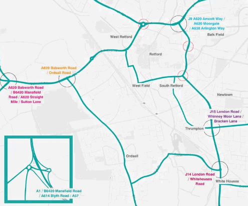1. Roundabout between North Road, Hospital Road, Moorgate, Hallcroft Road and Bridgegate. 2. Junction between Grove Street and A638 3. Junction between A638, Albert Road and Carolgate.