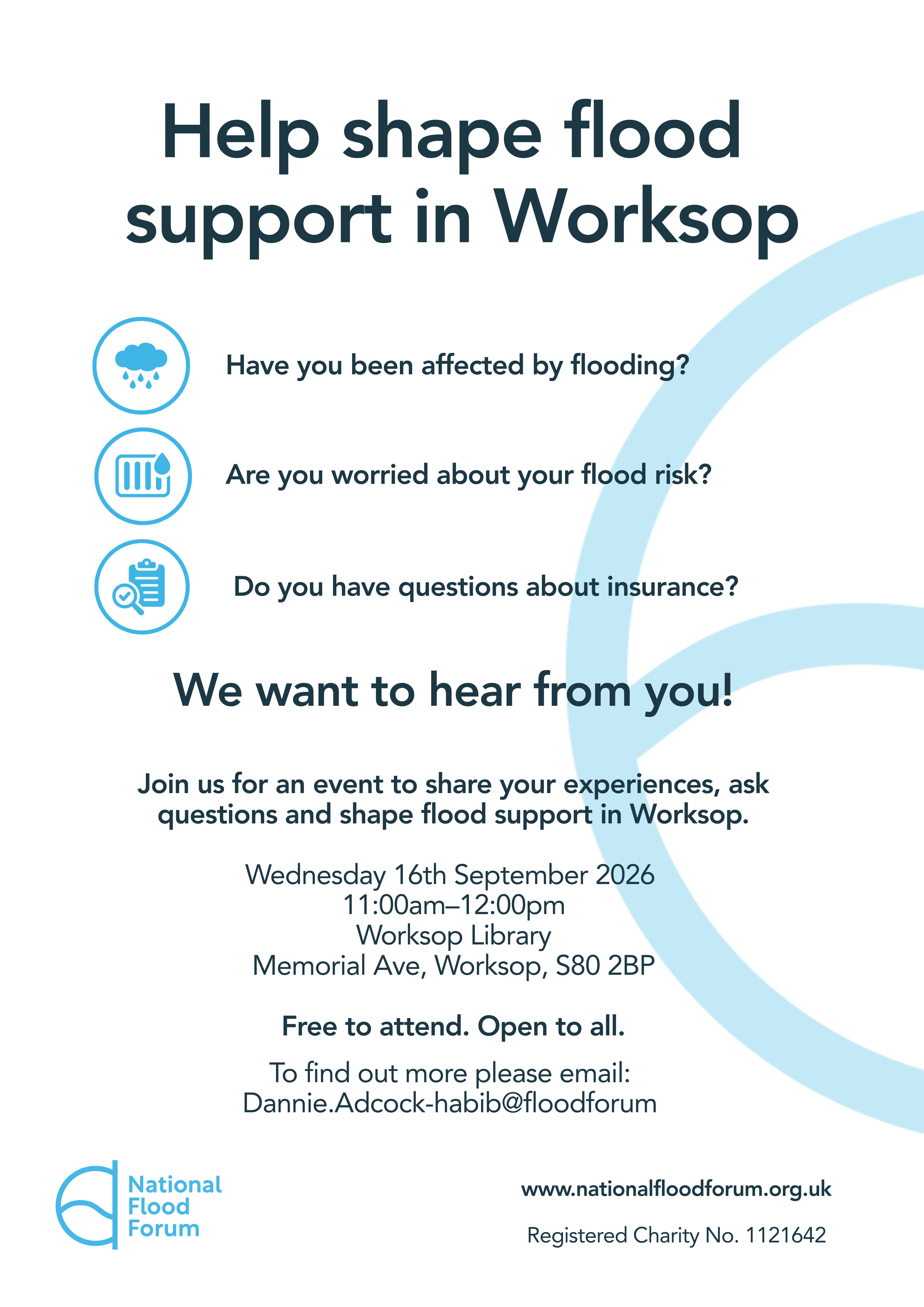 Poster promoting The National Flood Forum's event at Worksop Library