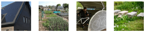 Solar panels on a roof, an allotment, a bike rack and water habitat