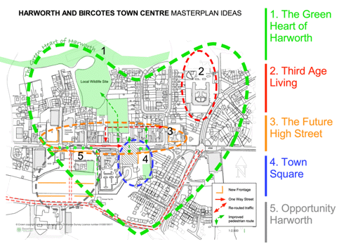 Map of Harworth and Bircotes Town Centre showing where different Masterplan ideas will apply.