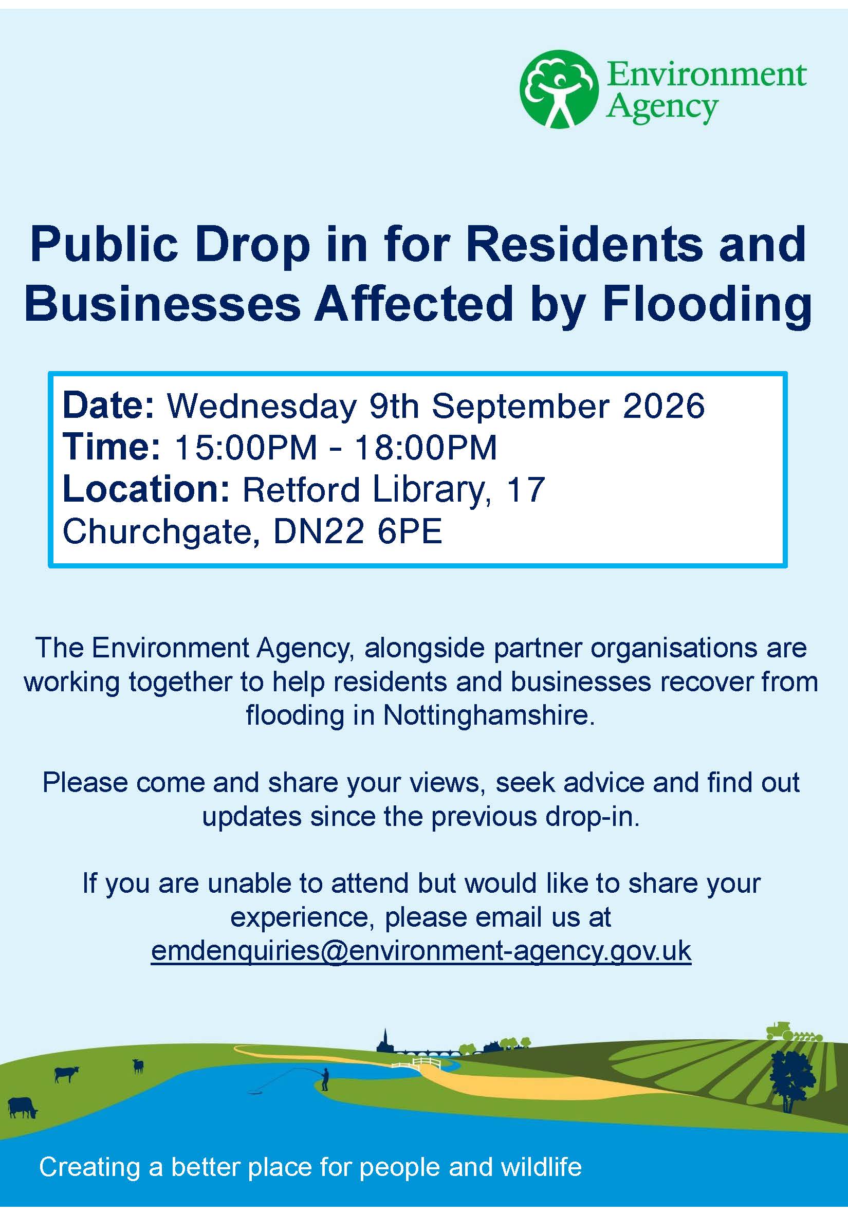 Poster to promote the flooding drop-in sessions for those affected, hosted by the Environment Agency.