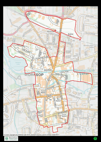 Worksop central area boundary map